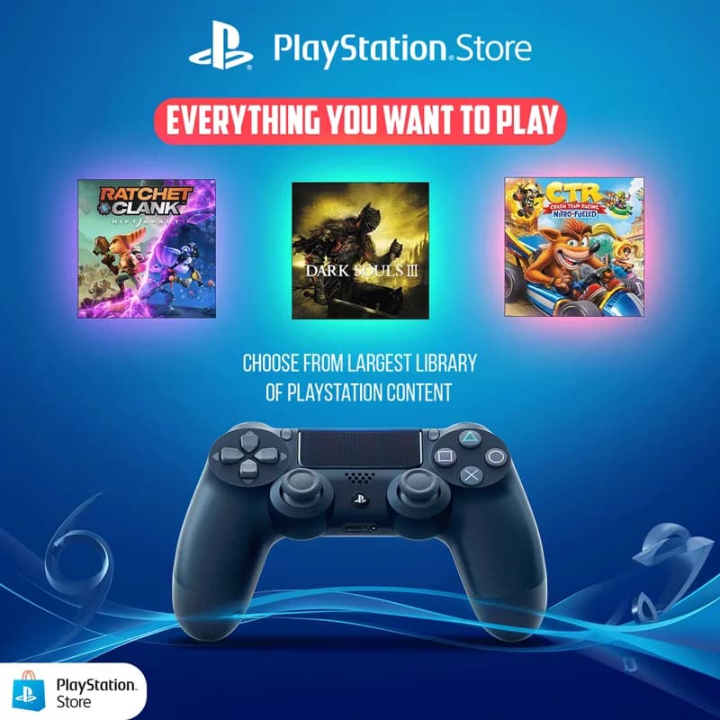 Concept banner PlayStation Store, game library with controller