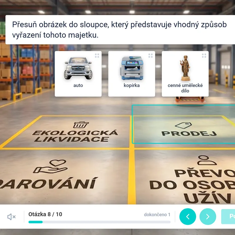 Interactive exercise for i-EDUKO: pictures of a car, a copier and an artwork are dragged into columns by the way the asset is disposed of
