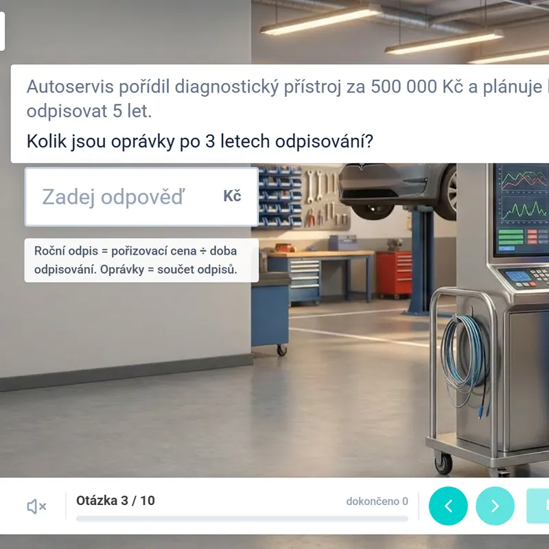 Interactive exercise for i-EDUKO: a task about a diagnostic device costing CZK 500,000 and an answer field for the accumulated depreciation after 3 years, a car workshop in the background