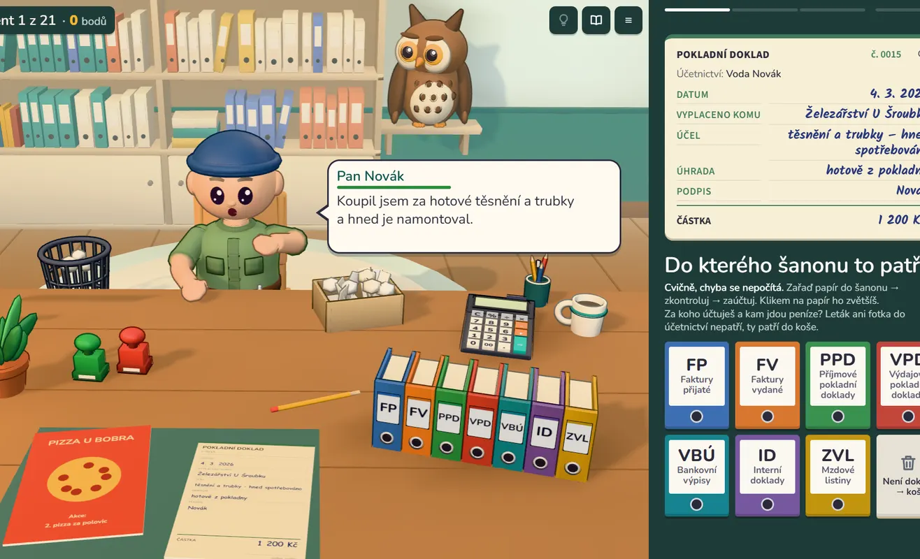 3D game Accounting Office for the publisher EDUKO: client Mr Novák at a desk with binders and, on the right, the question which binder the document belongs in