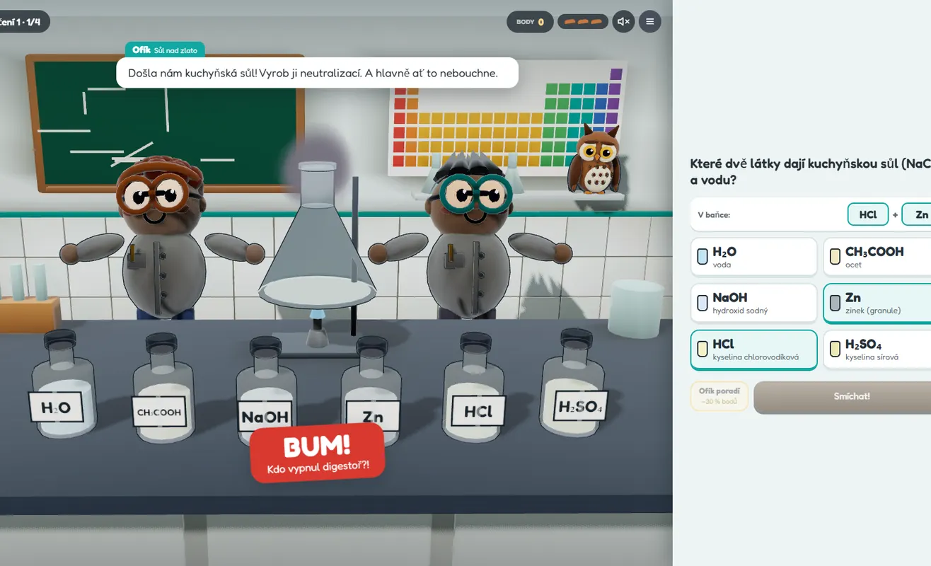 3D chemistry lab for the publisher EDUKO: two lab assistants at a flask, bottles of chemicals, a BUM! sign after a wrong mix and the question which two substances make table salt and water