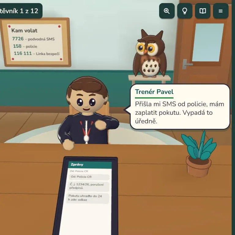 3D game Digital Advice Desk for the publisher EDUKO: coach Pavel shows a phone with a text message asking him to pay a police fine