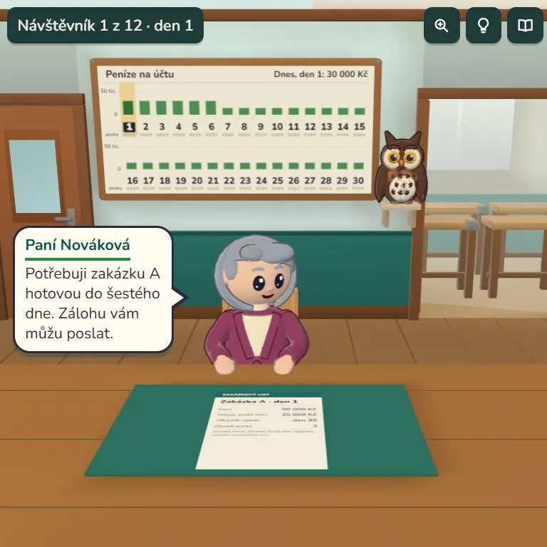 3D game Company Director for the publisher EDUKO: an office with a calendar of the money in the account and a customer who needs an order by day six