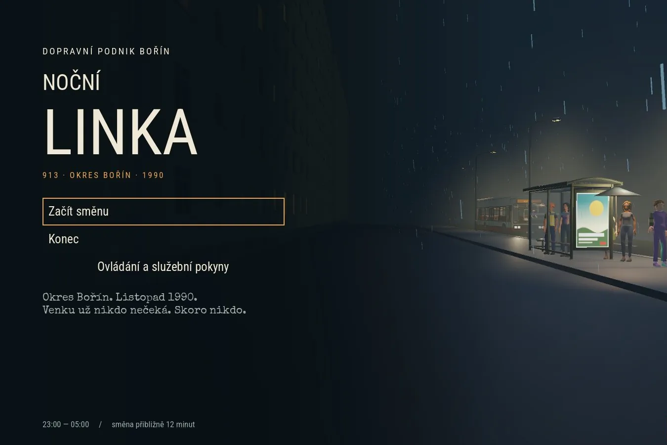 Title screen of the game Noční linka: the game title, the Start shift menu and a bus stop in the rain with waiting passengers