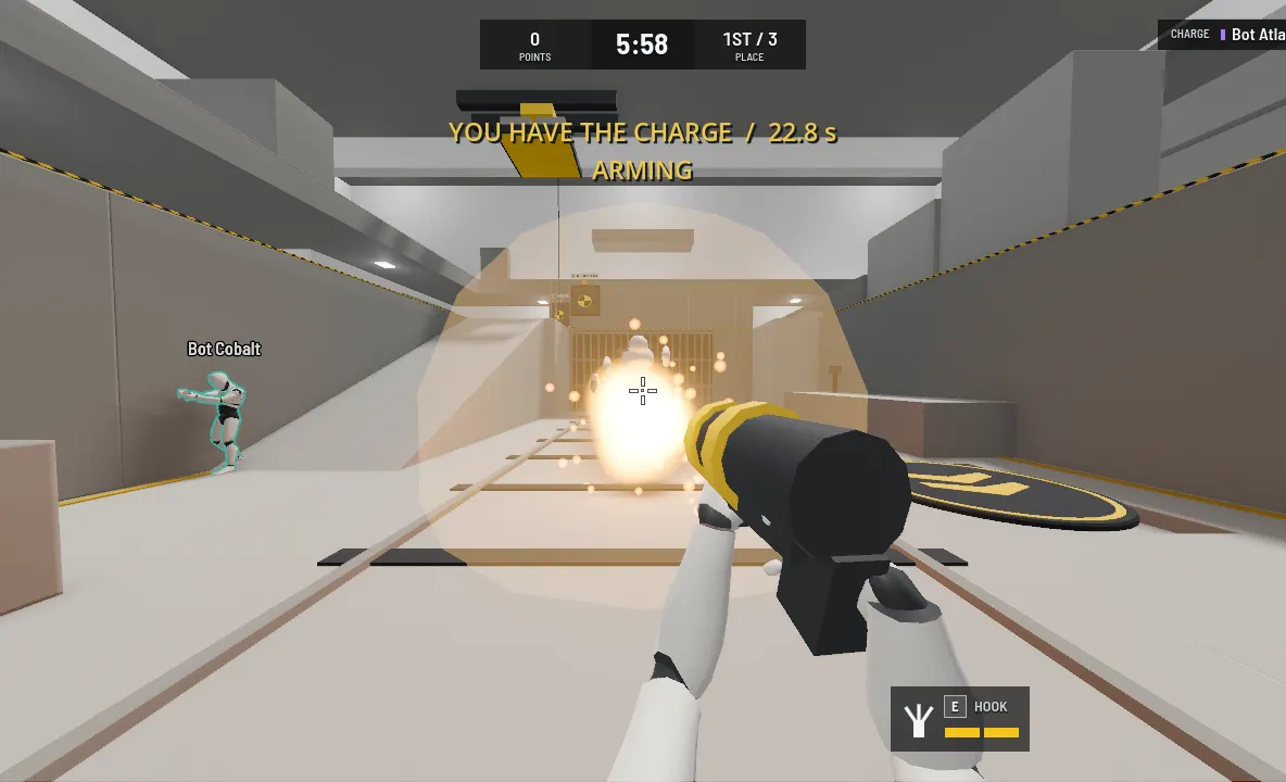 First-person view in Prototype Arena: an explosion in a test hall, a bot in the distance and the YOU HAVE THE CHARGE banner