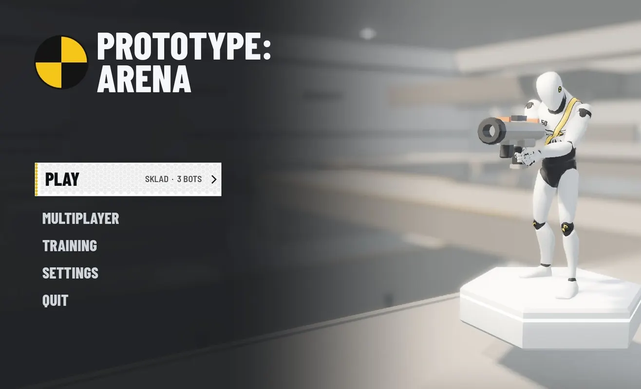 Main menu of my own game Prototype Arena: logo, the Play, Multiplayer and Training menu and a crash test dummy with a weapon on a pedestal