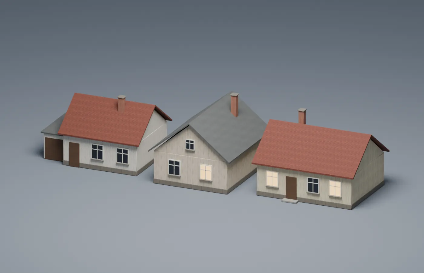 Tři 3D modely vesnických domů do hry Noční linka s červenými a šedými střechami, holými boky a plochými dveřmi.