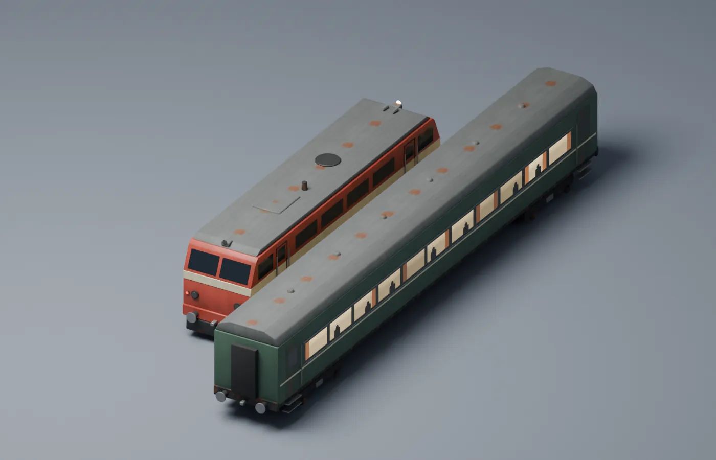 A locomotive and a passenger car with smooth surfaces and orange stains on the roof, rendered in Blender.