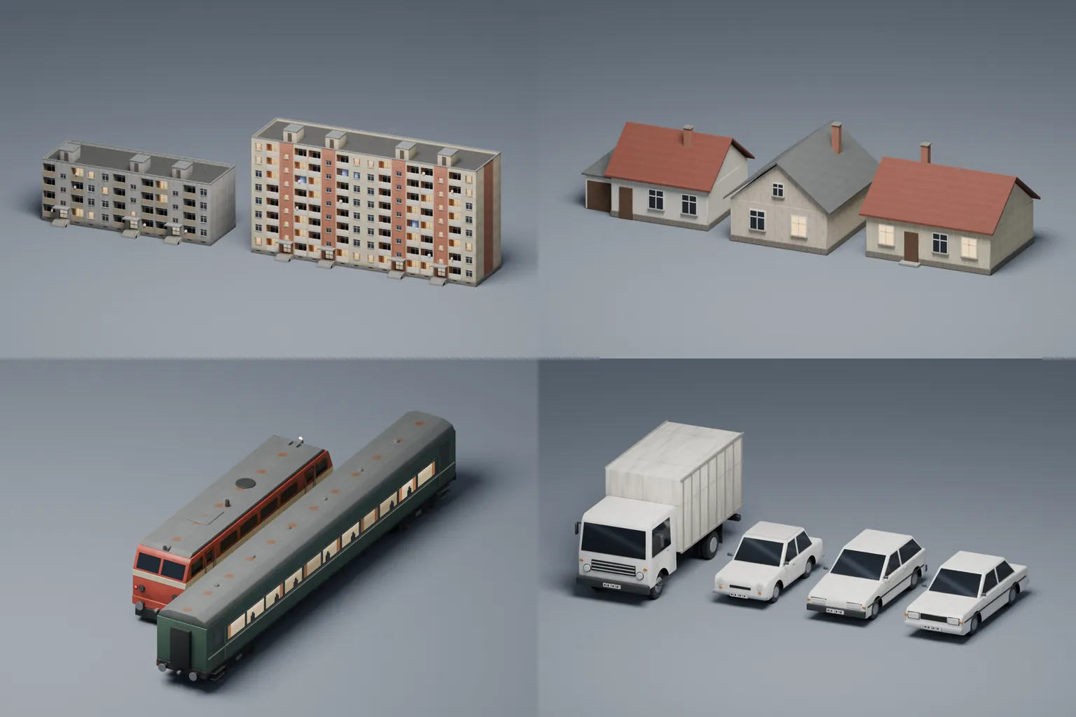 Grid of four 3D models for the game Noční linka: panel apartment blocks, village houses, a locomotive with a passenger car, and a truck and cars.