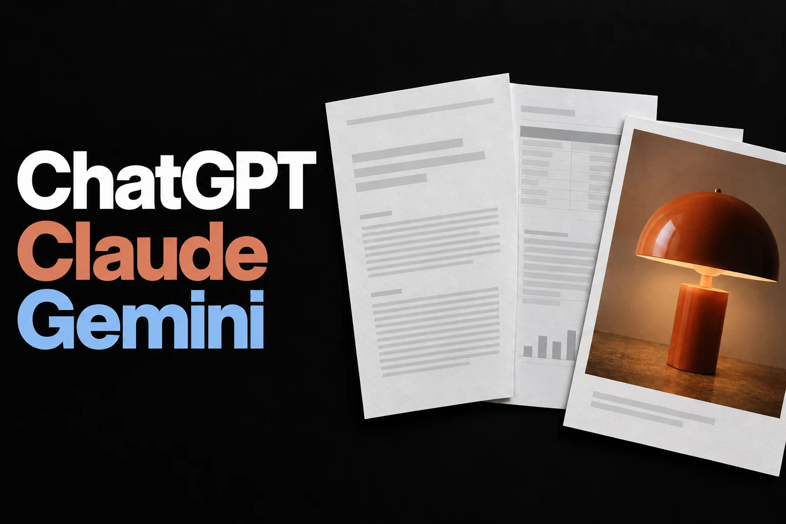 ChatGPT, Claude and Gemini alongside illustrative document, spreadsheet and image outputs.