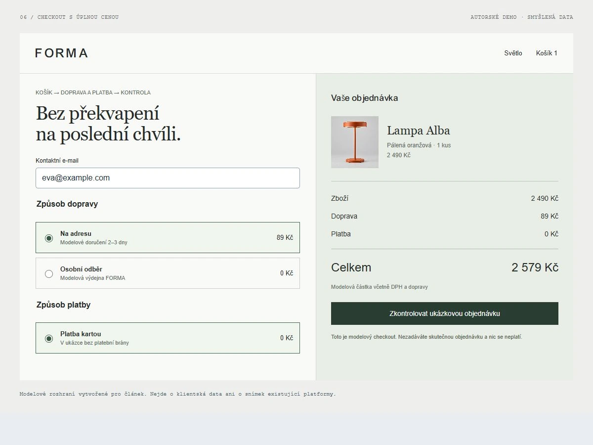 Celkem 2 579 Kč je zobrazeno před dalším krokem: zboží 2 490 Kč, doprava 89 Kč, platba 0 Kč. Modelové ceny, bez skutečné objednávky.