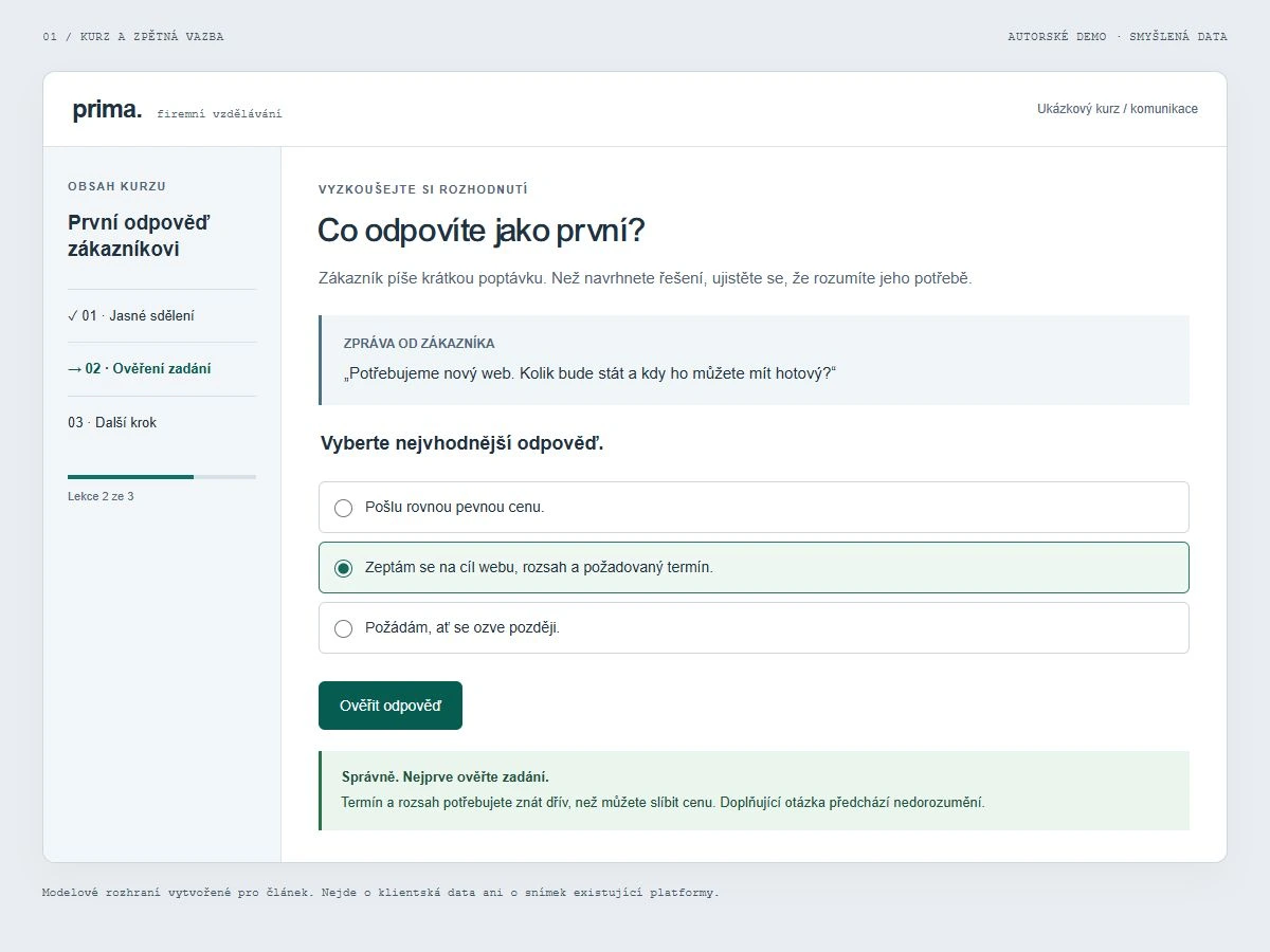 Otázka v kurzu má volbu odpovědi a vysvětlující zpětnou vazbu. Autorská ukázka, nikoli rozhraní Articulate.