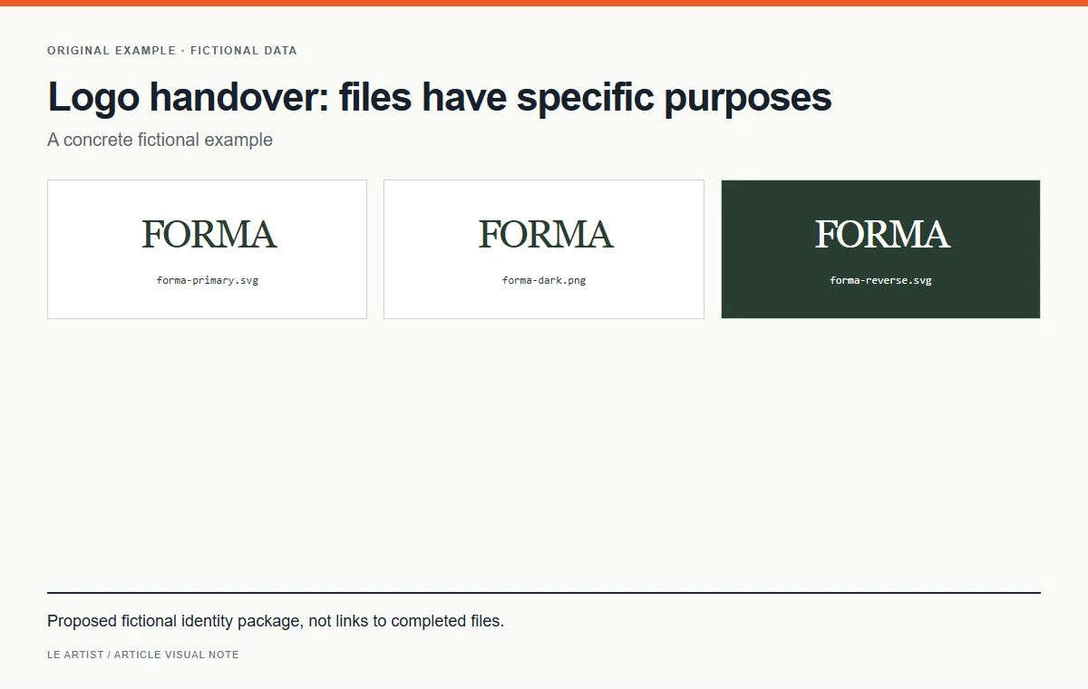 Logo handover: files have specific purposes. Proposed fictional identity package, not links to completed files.