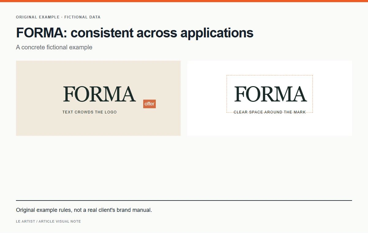 FORMA: consistent across applications. Original example rules, not a real client's brand manual.