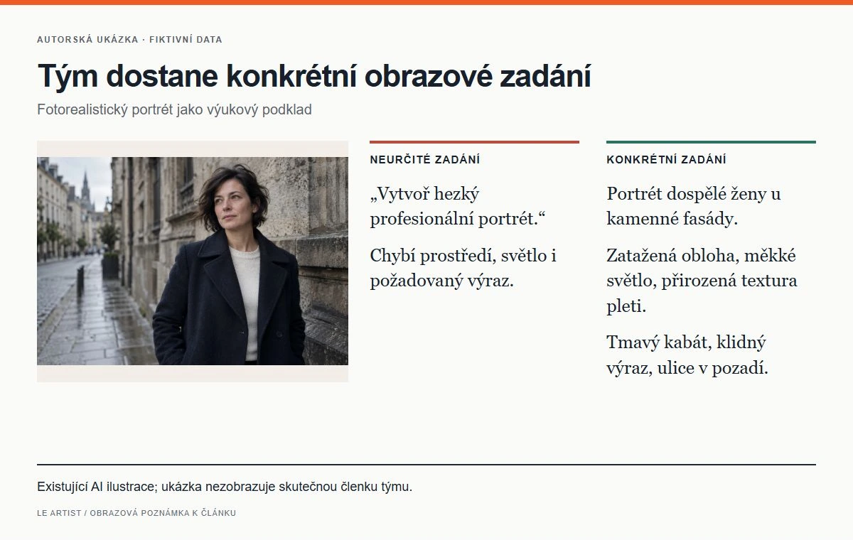 Tým dostane konkrétní obrazové zadání. Existující AI ilustrace; ukázka nezobrazuje skutečnou členku týmu.