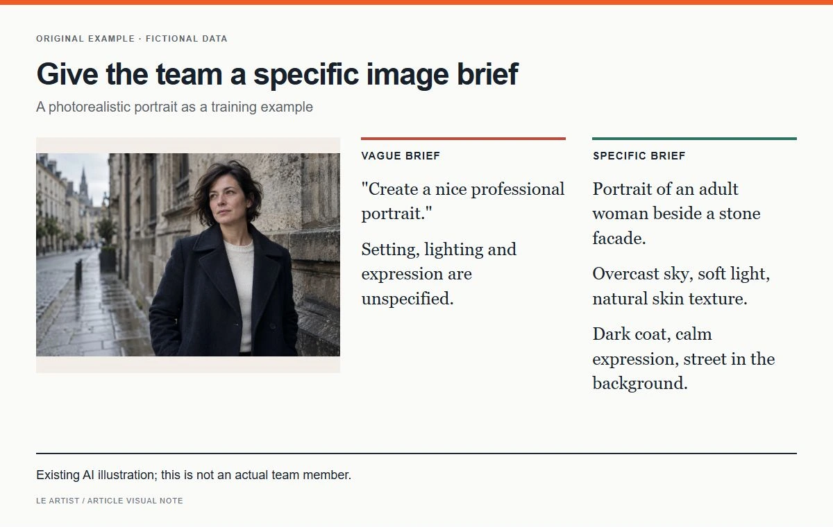 Give the team a specific image brief. Existing AI illustration; this is not an actual team member.
