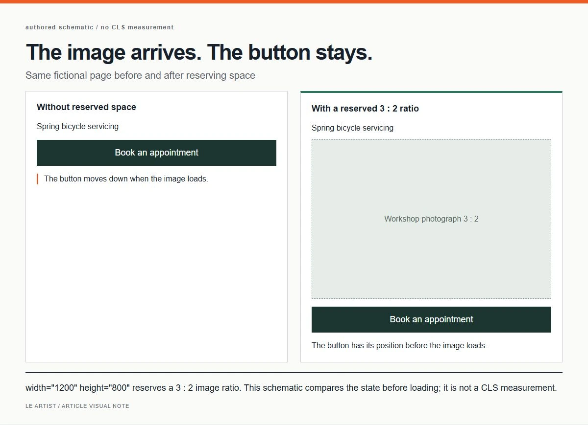 The image arrives. The button stays.. width="1200" height="800" reserves a 3 : 2 image ratio. This schematic compares the state before loading; it is not a CLS measurement.