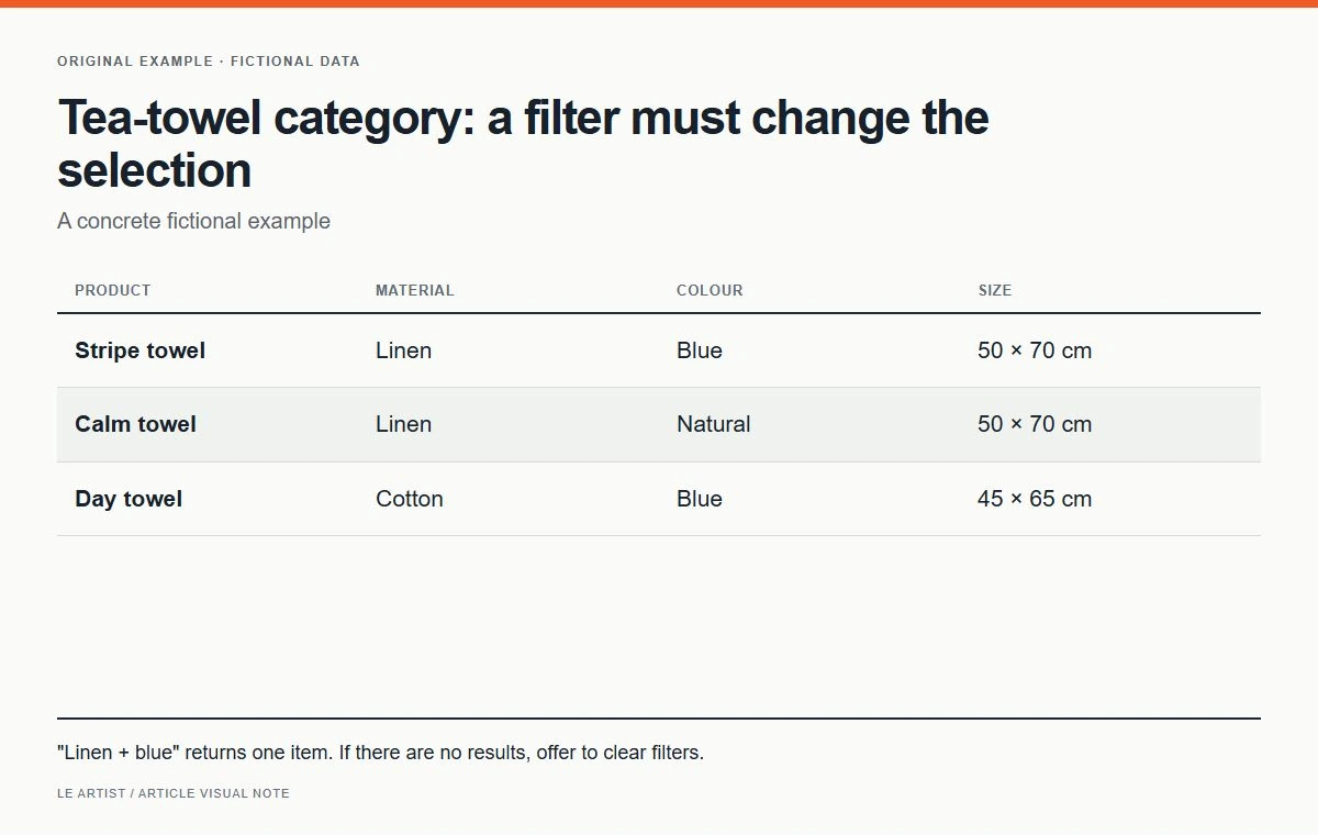 Tea-towel category: a filter must change the selection. "Linen + blue" returns one item. If there are no results, offer to clear filters.