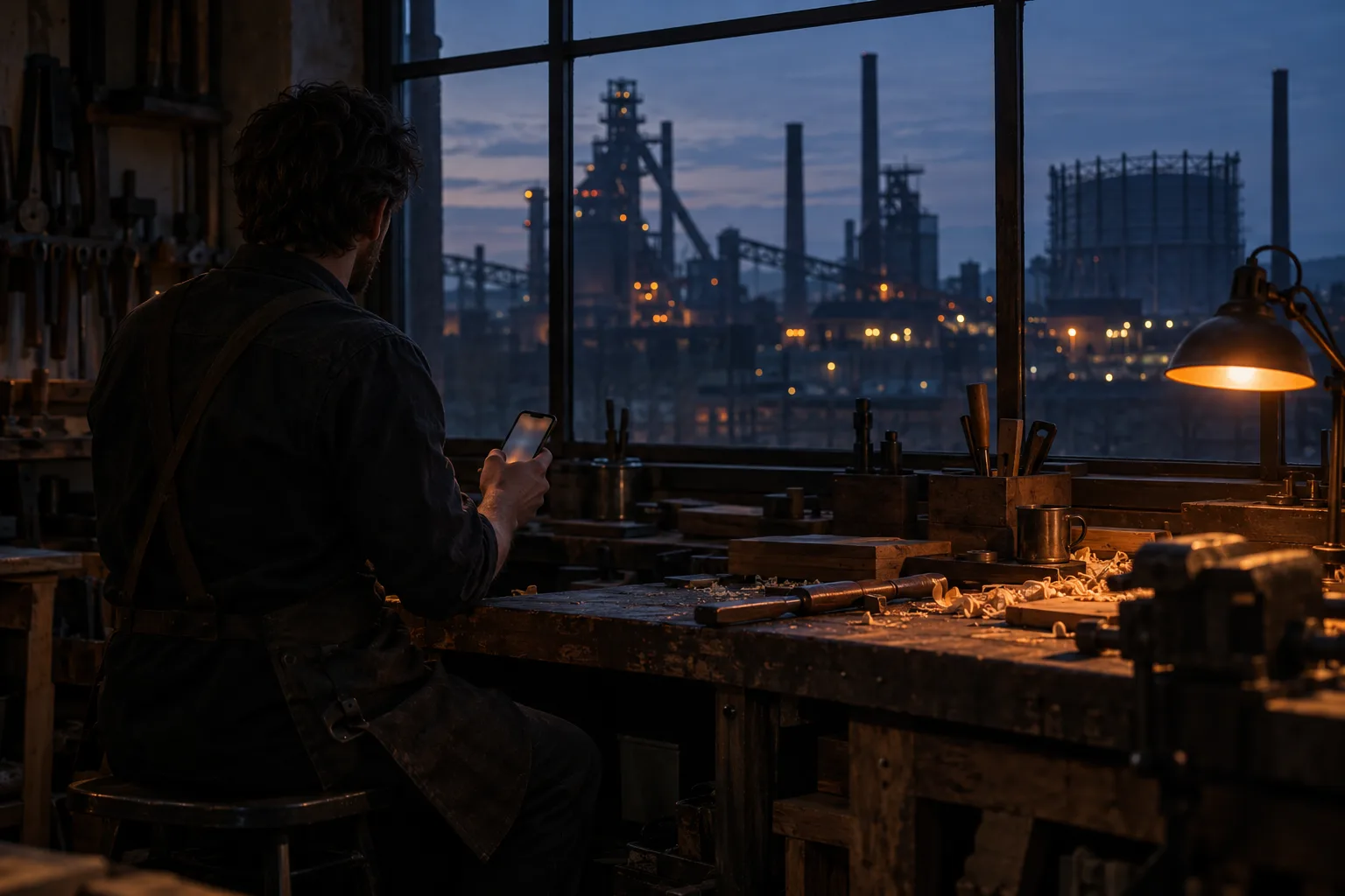 Řemeslník ve večerní dílně drží telefon a dívá se oknem na siluety Dolních Vítkovic v soumraku.
