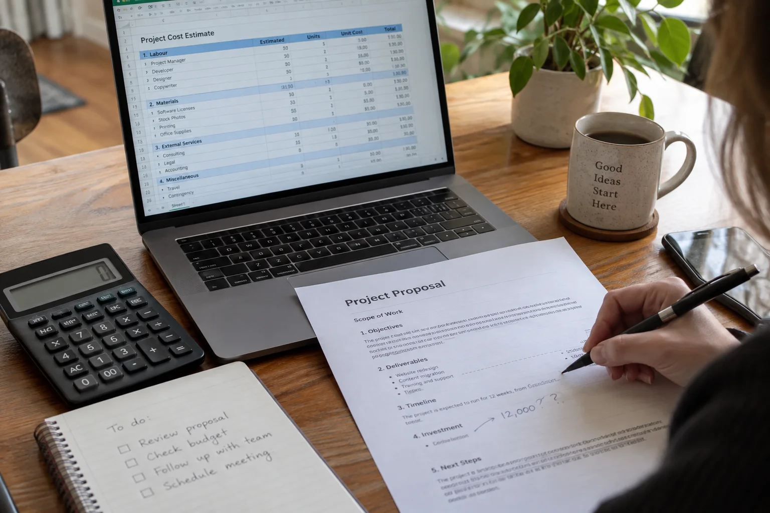 Reviewing a project budget, calculator and itemised proposal.