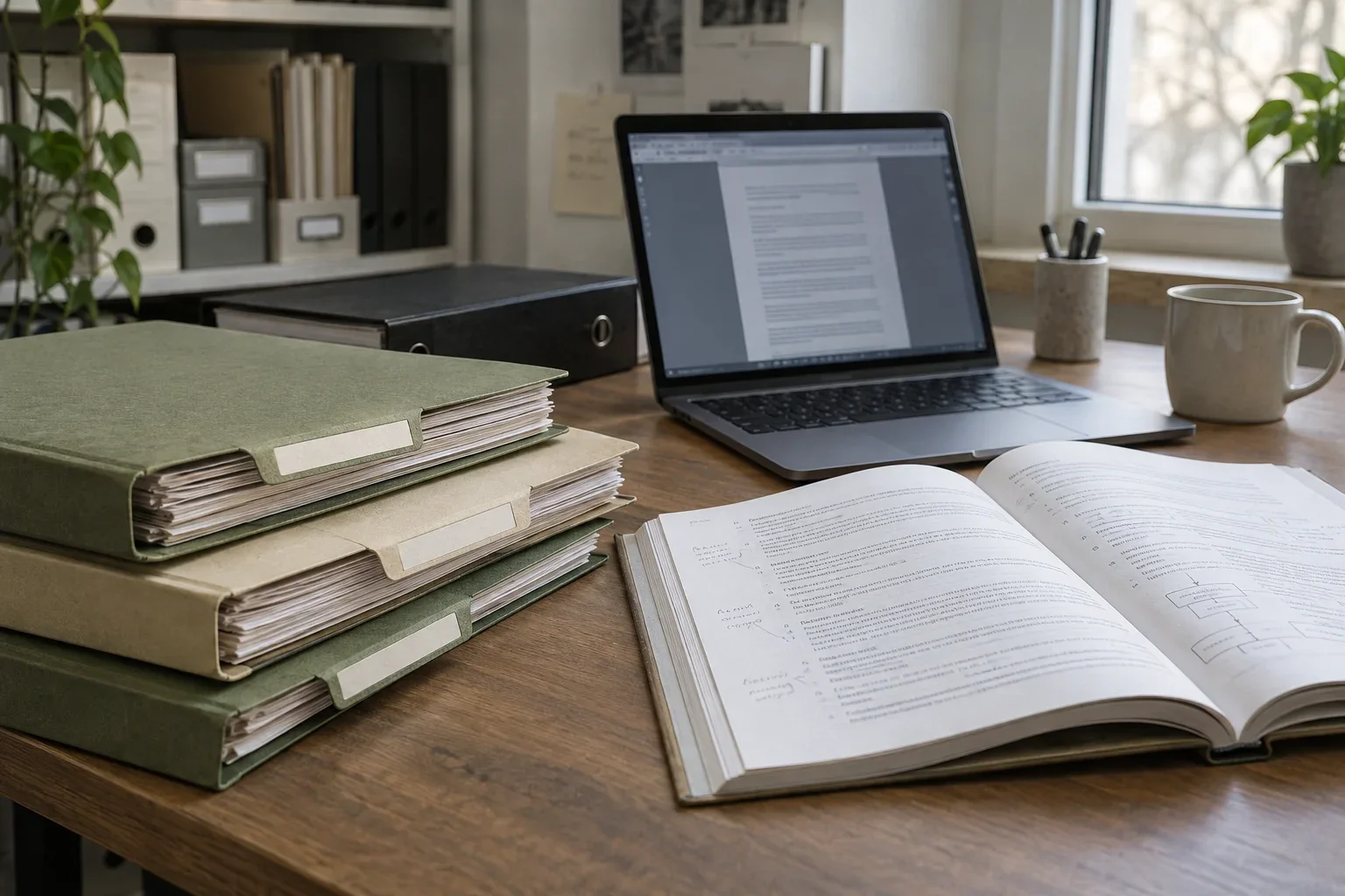 Složky interních postupů, otevřený manuál a notebook s dokumentem.