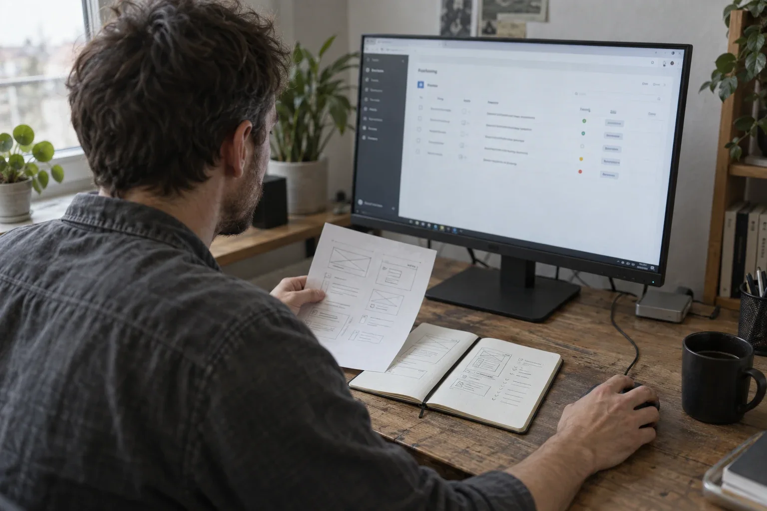 Checking an application prototype against a paper wireframe.