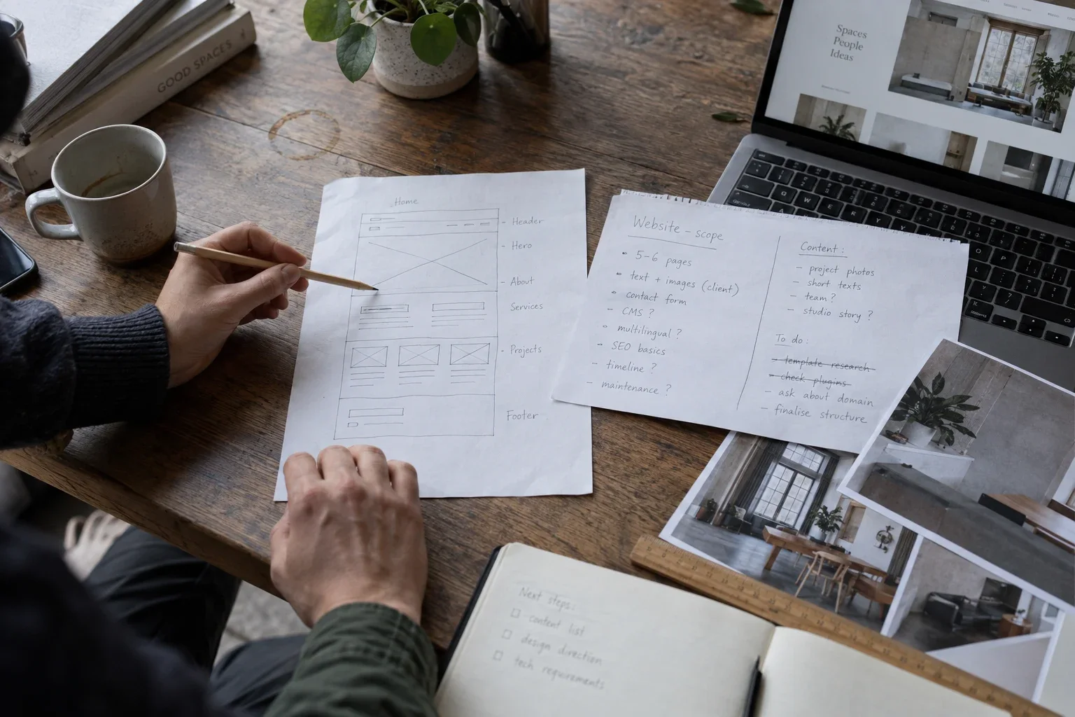 Planning a website’s structure, content and scope with a paper wireframe.