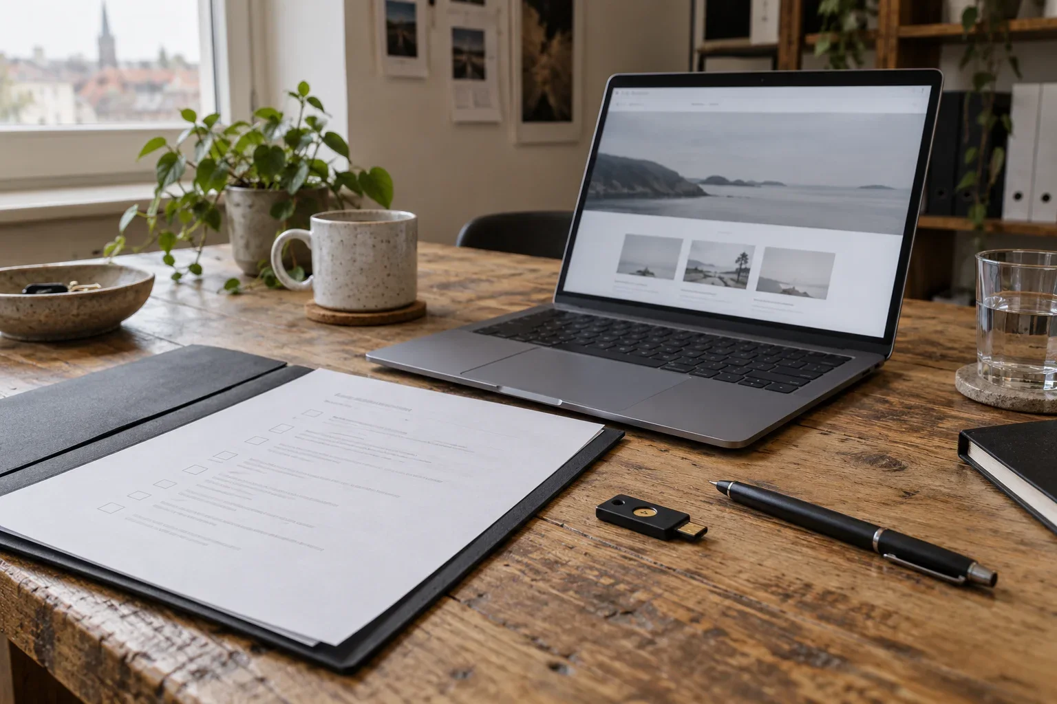 Notebook, předávací checklist a bezpečnostní klíč na pracovním stole.