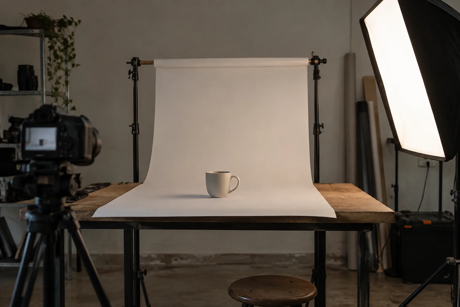 Focení keramického hrnku ve studiu s fotoaparátem a měkkým světlem.