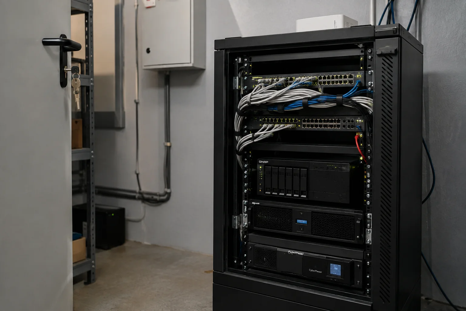 Network cables and a server cabinet in a utility room.