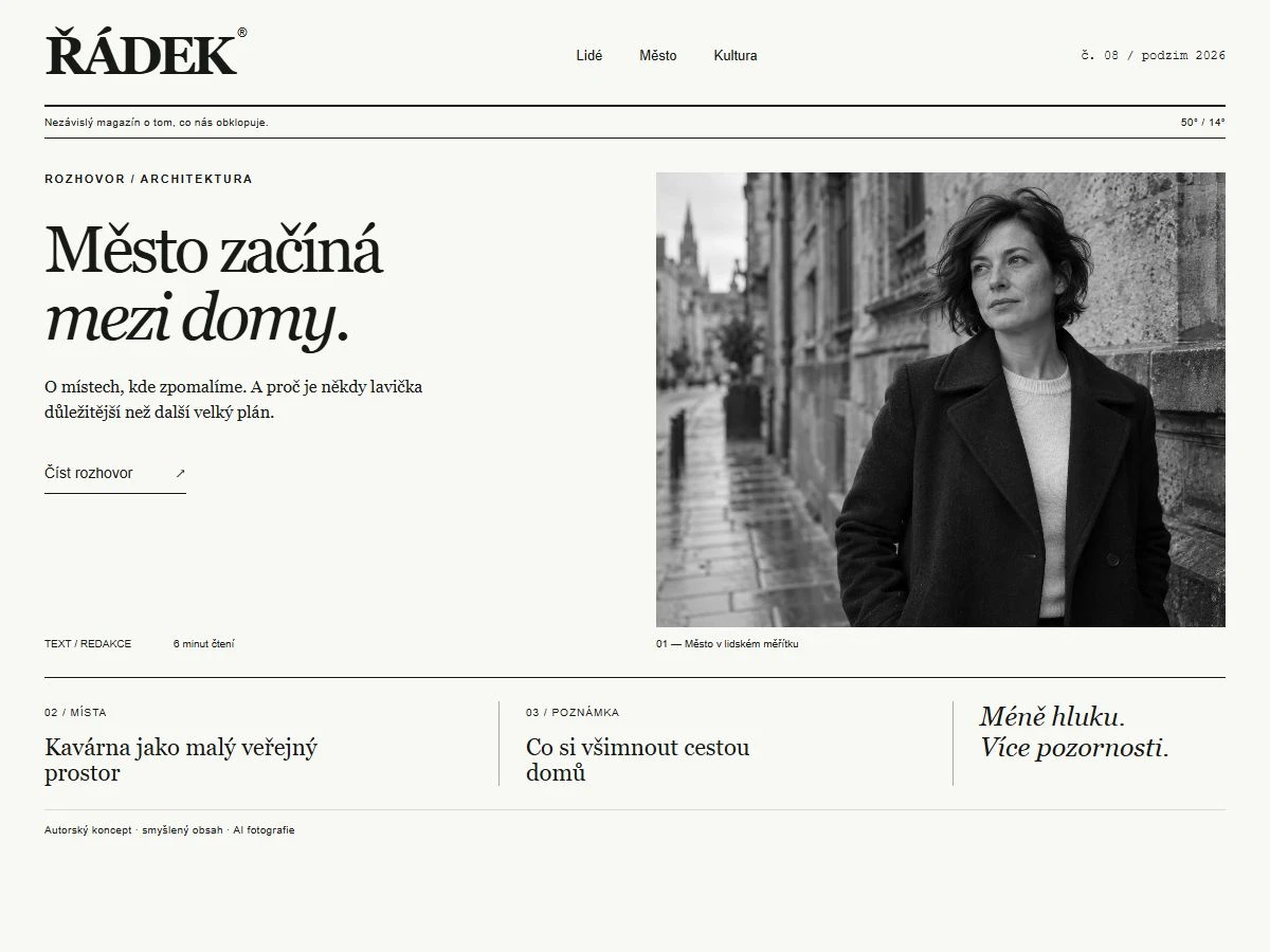 Redakční web ŘÁDEK: výrazná patková typografie a hierarchie článků