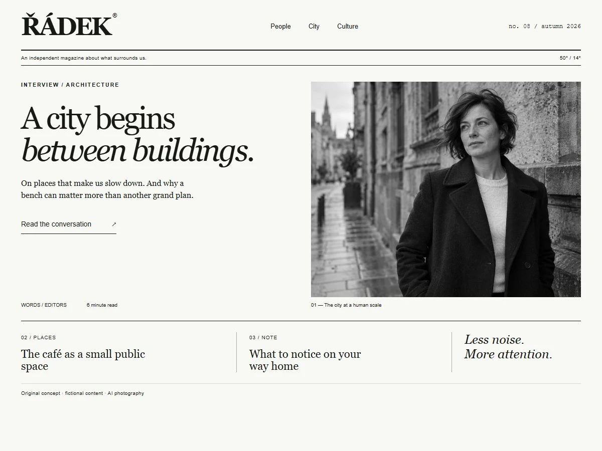 ŘÁDEK editorial website: expressive serif type and article hierarchy