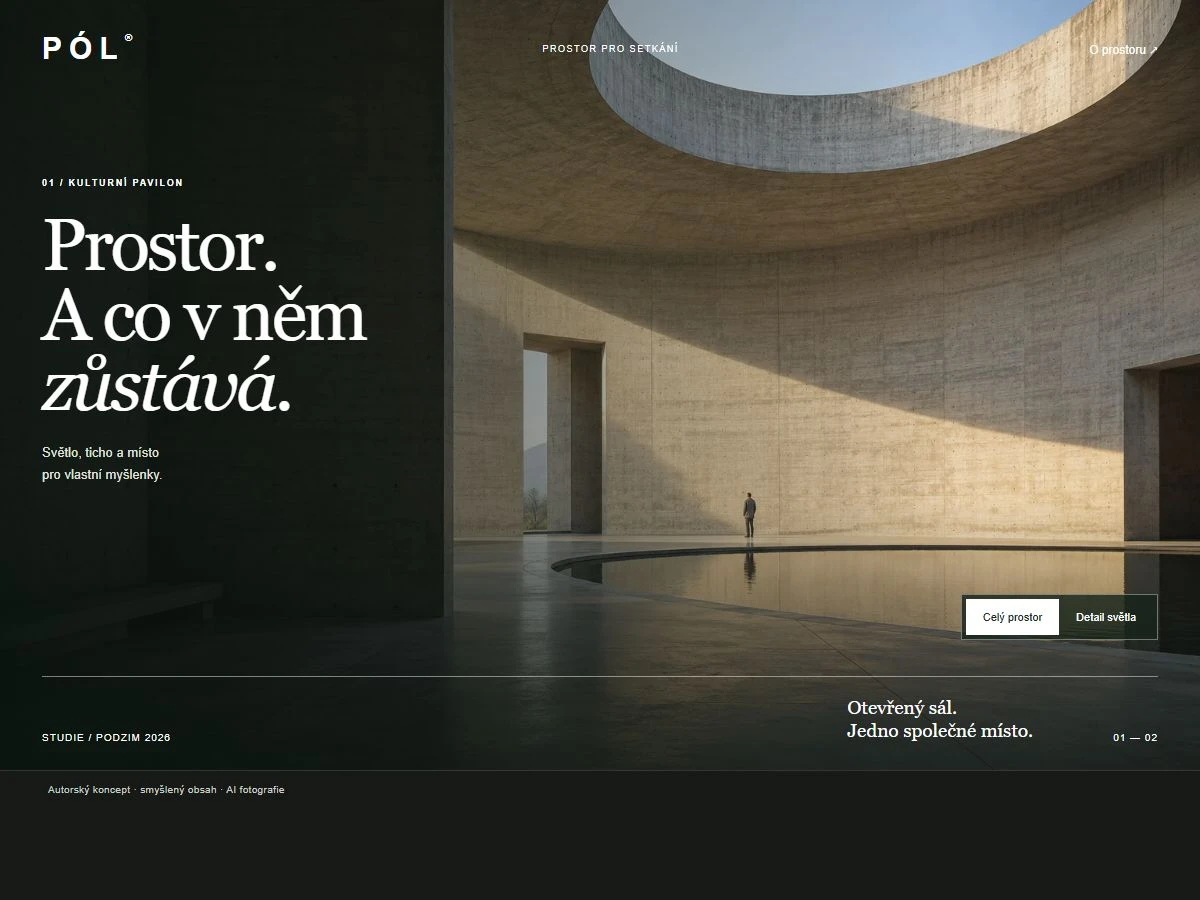 Architektonický web PÓL: celoplošná fotografie a střídmá navigace