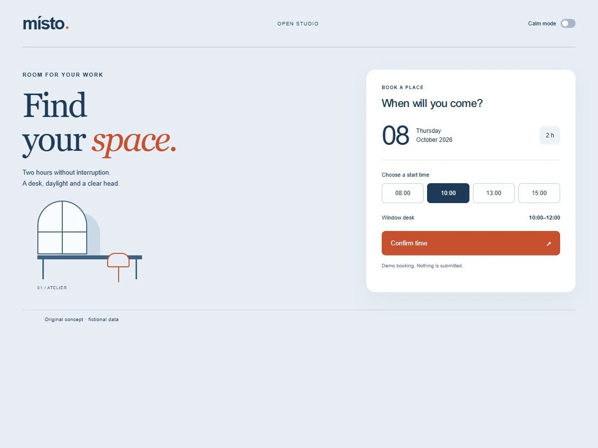 MÍSTO booking: select a time, loading, confirmation and changing a slot