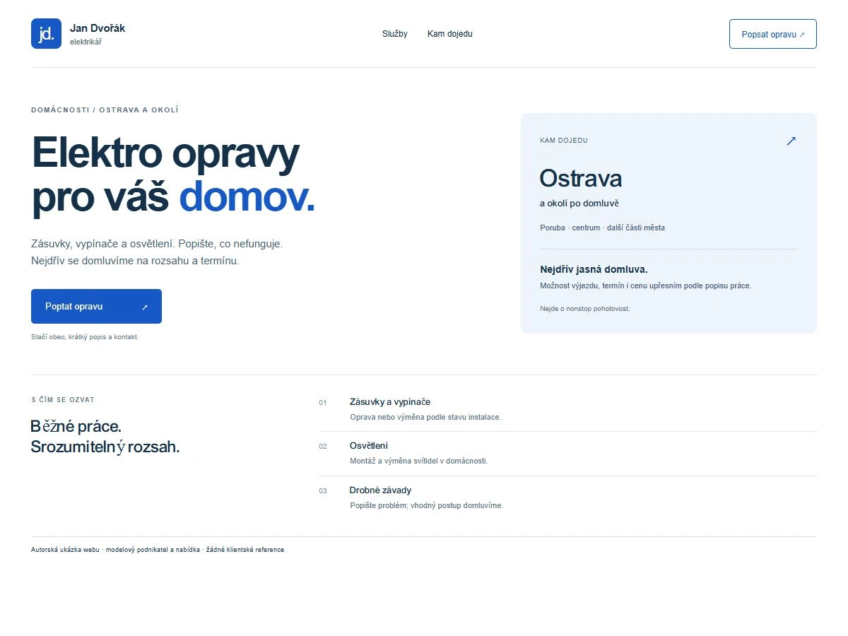 Ukázka jednoduchého webu elektrikáře: rozsah oprav, oblast výjezdu a poptávka