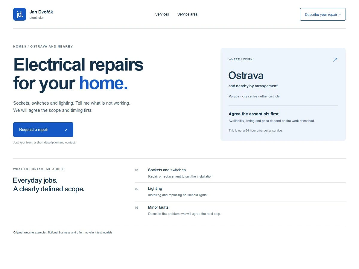 Example electrician website: repair services, service area and enquiry