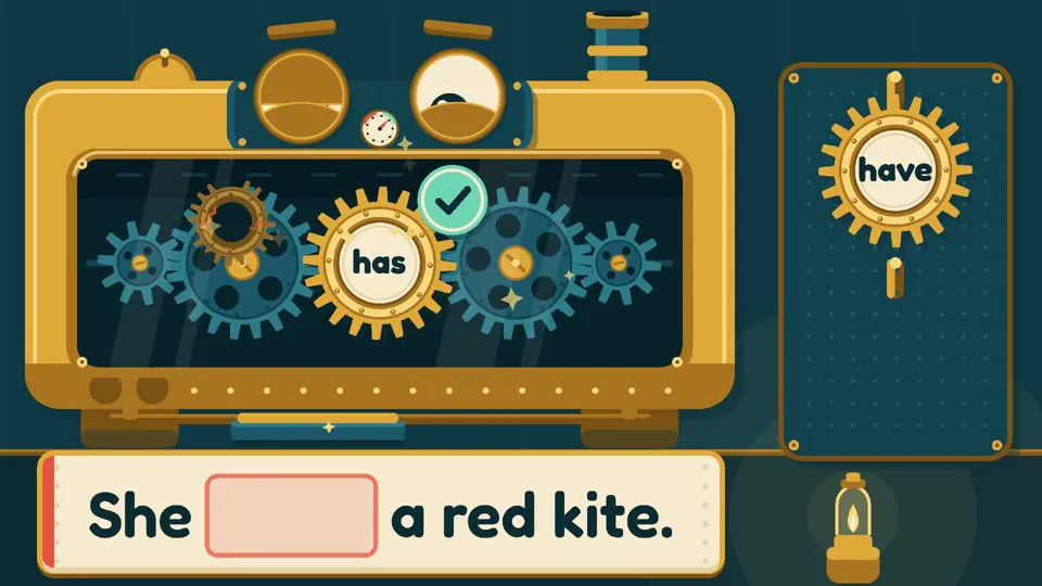 Sentence repair workshop game: a brass machine with cogs; in the sentence She ___ a red kite the student fills in has or have.